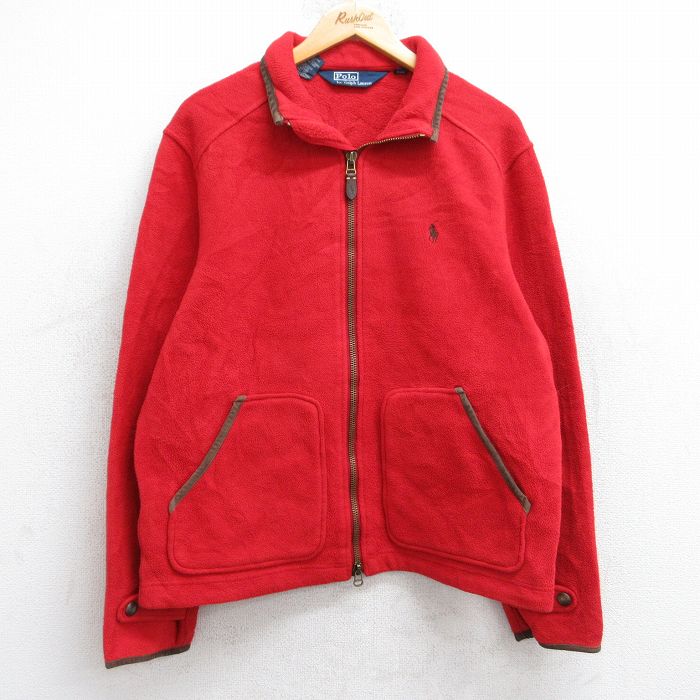 M★古着 ラルフローレン Ralph Lauren 長袖 ブランド フリース ジャケット メンズ 90年代 90s ワンポイントロゴ レザー使用 赤 レッド 25oct21 中古 アウター