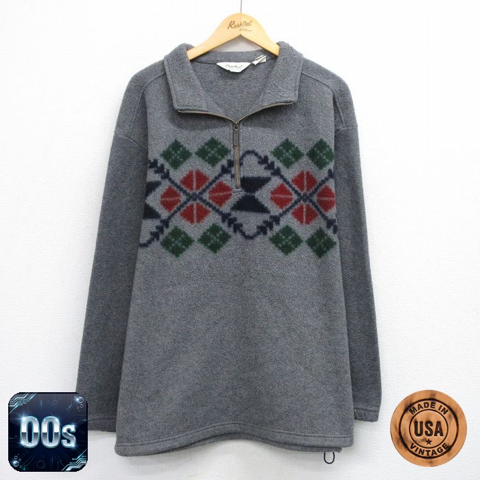 【50%OFF】エディーバウアー 00s ハーフジップフリースジャケット 雪柄 グレー XL | 古着