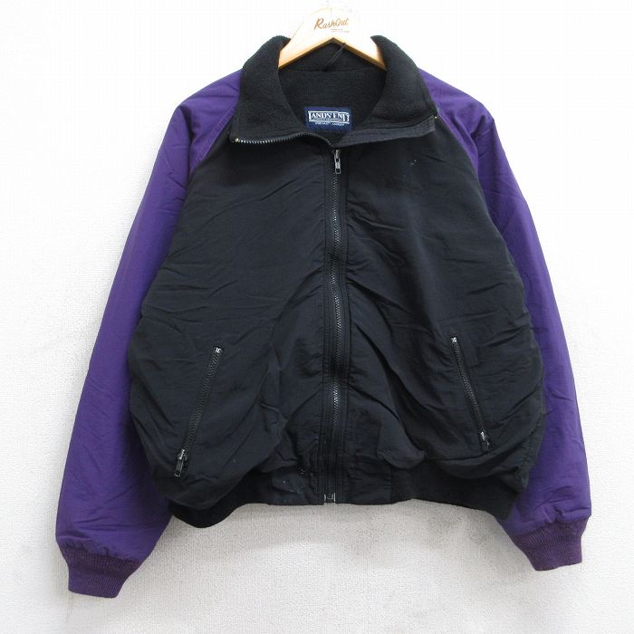 L★古着 ランズエンド 長袖 ジャケット メンズ 00年代 00s ワンポイントロゴ ラグラン ツートンカラー 黒他 ブラック 内側フリース 25oct28 中古 アウター