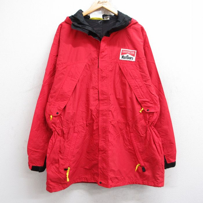 XL★古着 マルボロ 長袖 ナイロン マウンテン ジャケット パーカー メンズ 90年代 90s 大きいサイズ ロング丈 カナダ製 赤 レッド 内側メッシュ 25oct31 中古 アウター