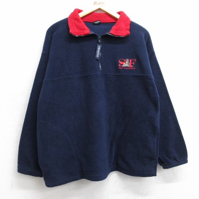 M★古着 長袖 ハーフジップ フリース ジャケット メンズ 90年代 90s サンフランシスコ USA製 紺 25nov14