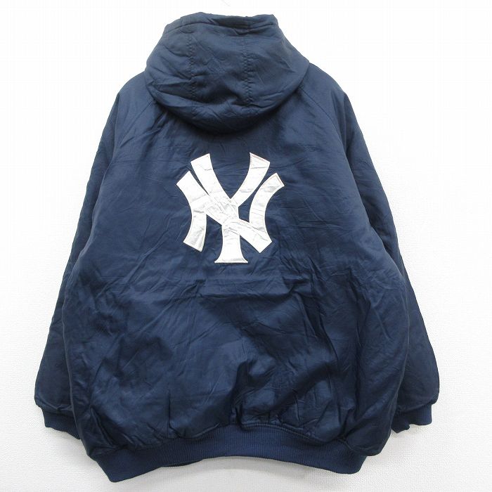XL★古着 長袖 ナイロン ジャケット パーカー メンズ 00年代 00s MLB ニューヨークヤンキース ラグラン 大きいサイズ ロング丈 紺 メジャーリーグ ベースボール 野球【spe】 25nov14