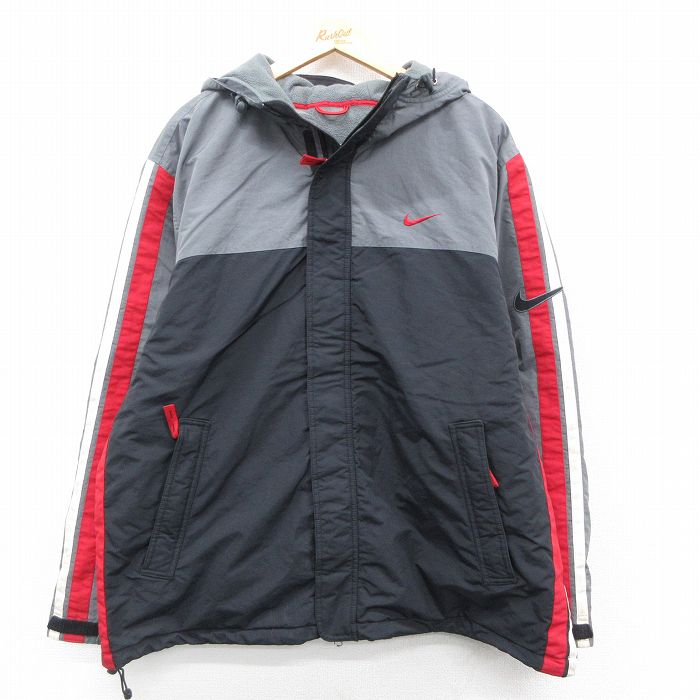 XL★古着 ナイキ NIKE 長袖 ナイロン ジャケット パーカー メンズ 00年代 00s ワンポイントロゴ 大きいサイズ グレー他 内側フリース【spe】 25nov14