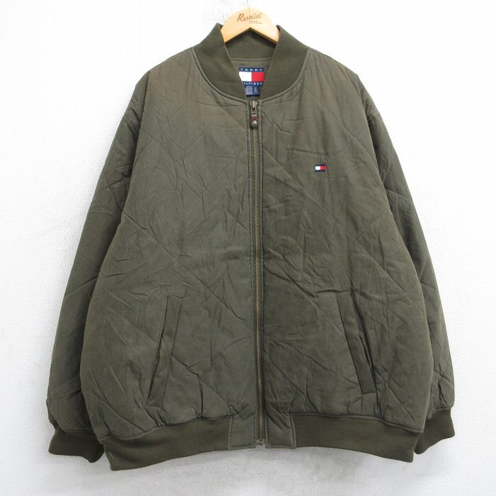 XL★古着 トミーヒルフィガー 長袖 ブランド キルティング ジャケット メンズ 90年代 90s ワンポイントロゴ 大きいサイズ 濃緑【spe】 25nov15