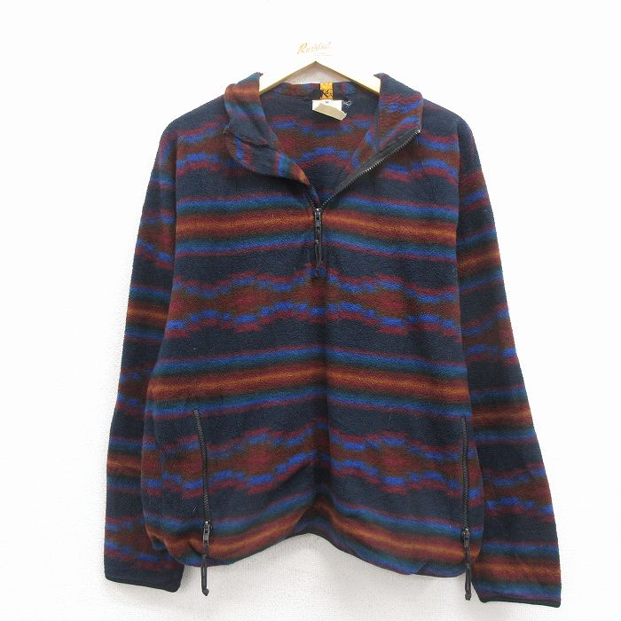 【20%OFF】L★古着 アールイーアイ REI 長袖 ハーフジップ フリース ジャケット メンズ 90年代 90s ネイティブ柄 ラグ柄 濃紺他 ボーダー【spe】 25nov19