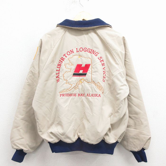 XL★古着 長袖 ジャケット メンズ 80年代 80s アラスカ 刺繍 ラグラン USA製 ベージュ 内側フリース 25nov19