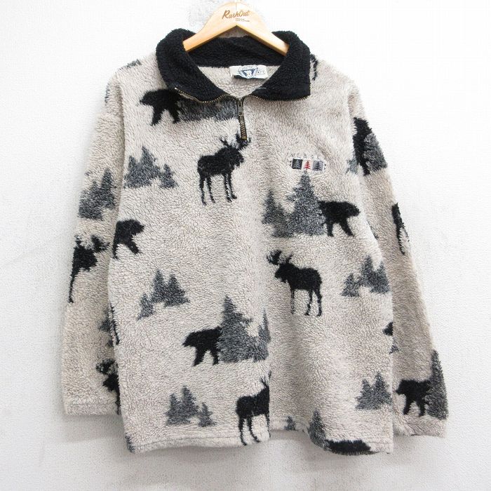 M★古着 長袖 ハーフジップ フリース ジャケット メンズ 90年代 90s アラスカ シカ 総柄 USA製 薄ベージュ他 25nov20