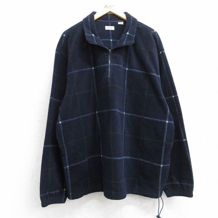 【20%OFF】XL★古着 IZOD 長袖 ハーフジップ フリース ジャケット メンズ ワンポイントロゴ 大きいサイズ 紺 チェック 25nov21