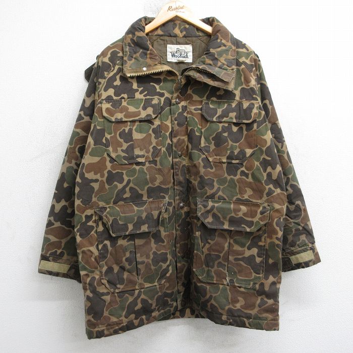 L★古着 ウールリッチ 長袖 ハンティング マウンテン ジャケット メンズ 80年代 80s ダックハンターカモ ラグラン ロング丈 USA製 ベージュ他 迷彩【spe】 25nov21
