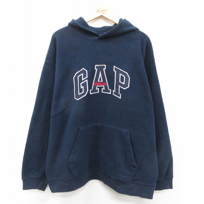 XL★古着 ギャップ GAP 長袖 フリース トップス パーカー メンズ 00年代 00s ビッグロゴ 刺繍 紺 25nov21