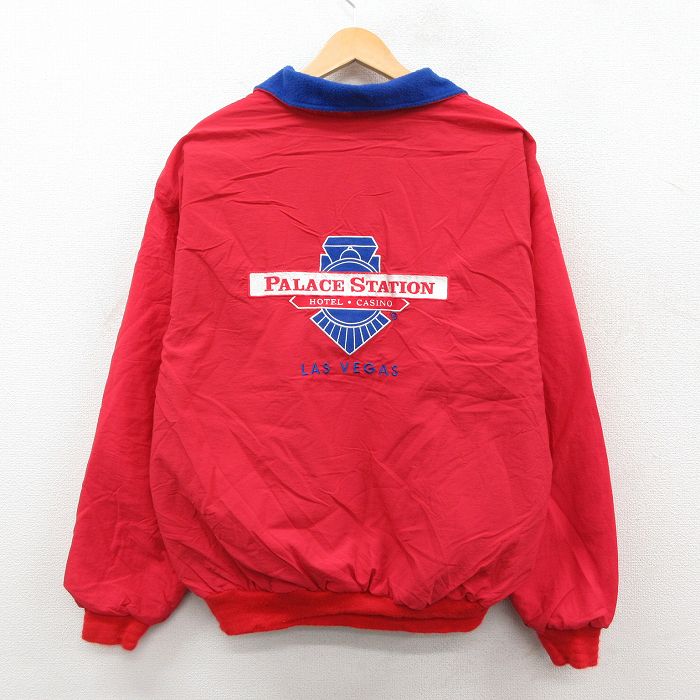 XL★古着 長袖 ナイロン ジャケット メンズ 90年代 90s PALACE STATION 刺繍 大きいサイズ USA製 赤 内側フリース 25nov21