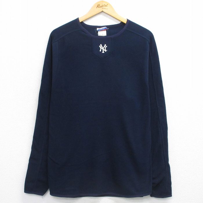 L★古着 マジェスティック 長袖 フリース トップス メンズ 00年代 00s MLB ニューヨークヤンキース ラグラン クルーネック 紺 メジャーリーグ ベースボール 野球 25nov26