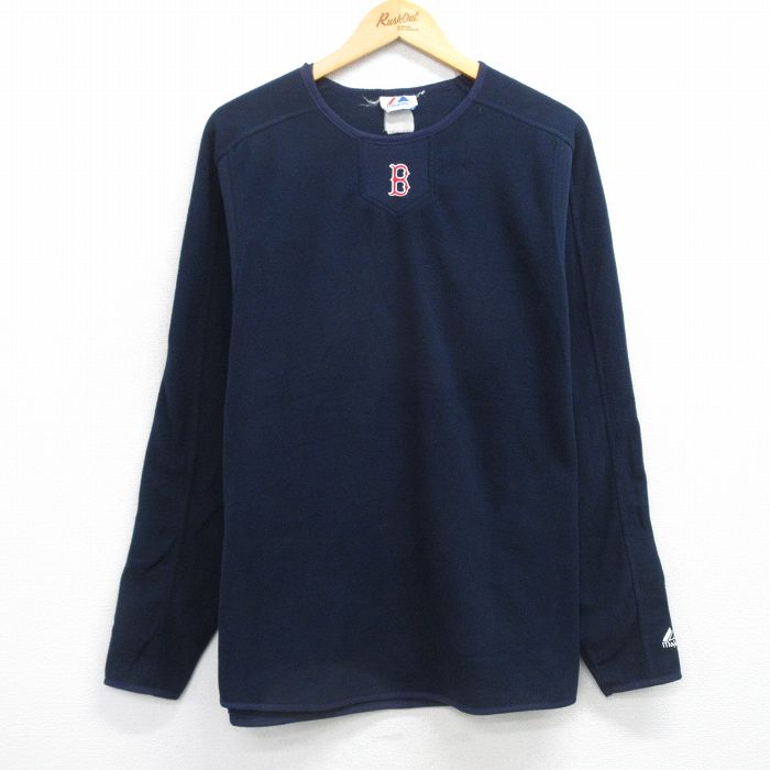 L★古着 マジェスティック 長袖 フリース トップス メンズ 00年代 00s MLB ボストンレッドソックス ラグラン クルーネック 紺 メジャーリーグ ベースボール 野球 25nov26