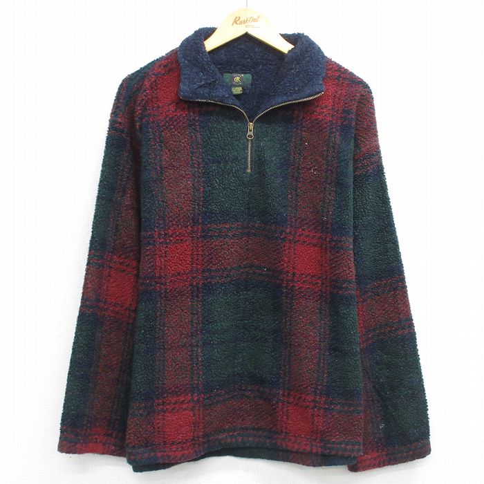 ハーフジップフリースジャケット チェック レッド XL | 古着