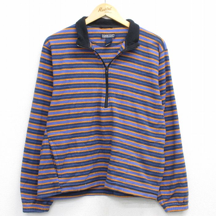 ランズエンド 90s ハーフジップフリースジャケット ボーダー ネイビー S | 古着