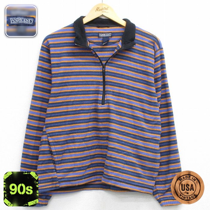 ランズエンド 90s ハーフジップフリースジャケット ボーダー ネイビー S | 古着
