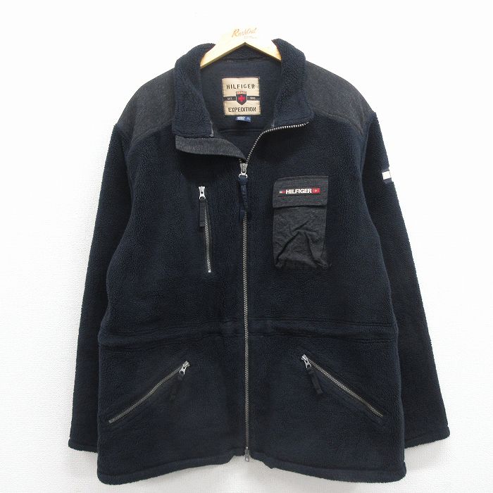 XL★古着 トミーヒルフィガー 長袖 ブランド フリース ジャケット メンズ ワンポイントロゴ 黒 25dec01