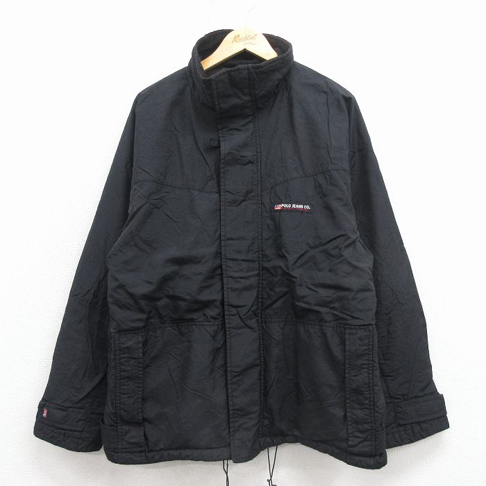 L★古着 ラルフローレン ポロジーンズ 長袖 ブランド ナイロン ジャケット メンズ ワンポイントロゴ リップストップ 黒 内側フリース 25dec01