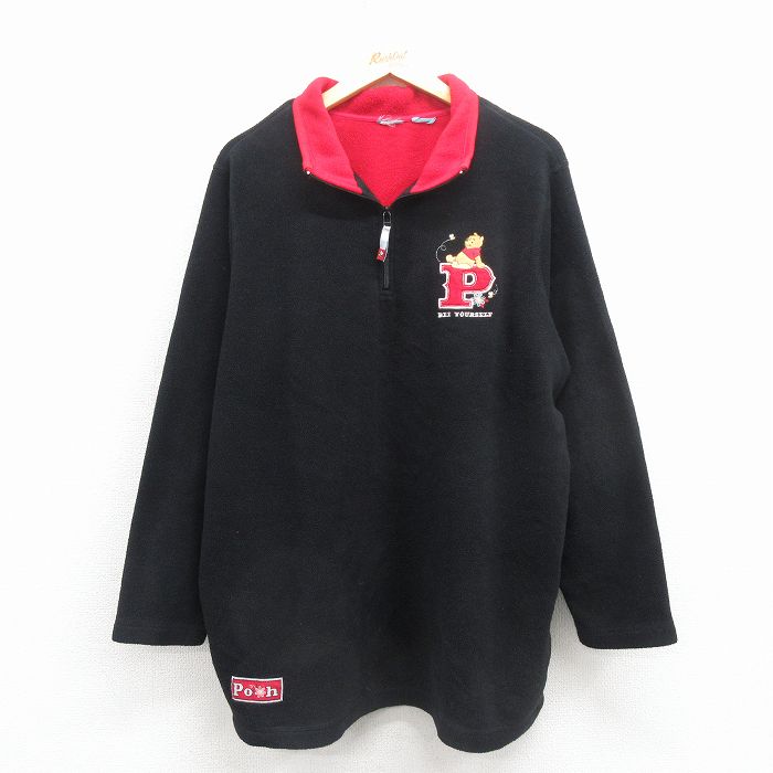 XL★古着 長袖 ハーフジップ フリース ジャケット メンズ ディズニー くまのプーさん 黒 25dec01