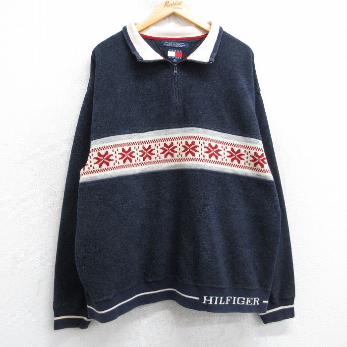 L★古着 トミーヒルフィガー 長袖 ブランド ハーフジップ フリース ジャケット メンズ 90年代 90s 雪柄 紺他 25dec05