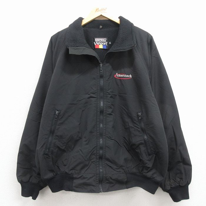 XL★古着 長袖 ナイロン ジャケット メンズ 90年代 90s Ameritech ラグラン 黒 内側フリース 25dec08