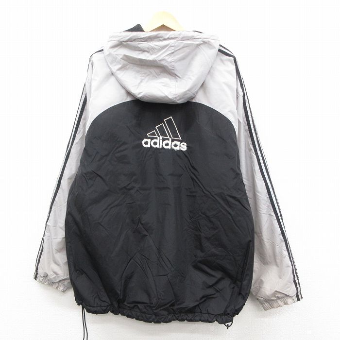 XL★古着 アディダス adidas 長袖 ナイロン ジャケット パーカー メンズ 90年代 90s ビッグロゴ 刺繍 ツートンカラー 大きいサイズ ロング丈 黒 3本ライン 内側フリース 25dec09