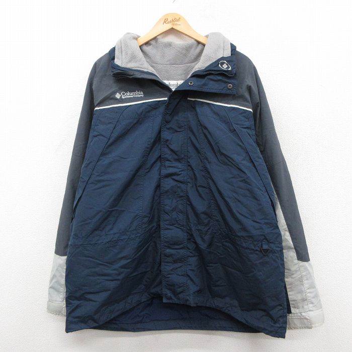 XL★古着 コロンビア 長袖 ナイロン ジャケット メンズ 00年代 00s ワンポイントロゴ 大きいサイズ ロング丈 紺他 内側フリース 25dec09