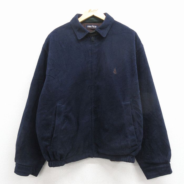 XL★古着 ノーティカ 長袖 ブランド フリース ジャケット メンズ 90年代 90s ワンポイントロゴ リバーシブル 紺 25dec10