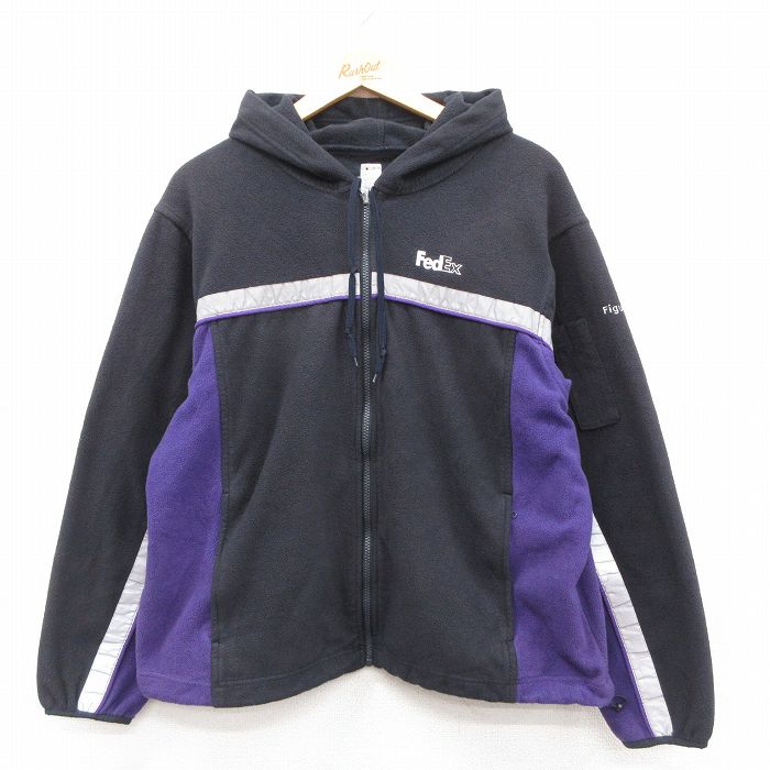 L★古着 長袖 フリース ジャケット パーカー メンズ FedEx リフレクター 黒他 25dec11
