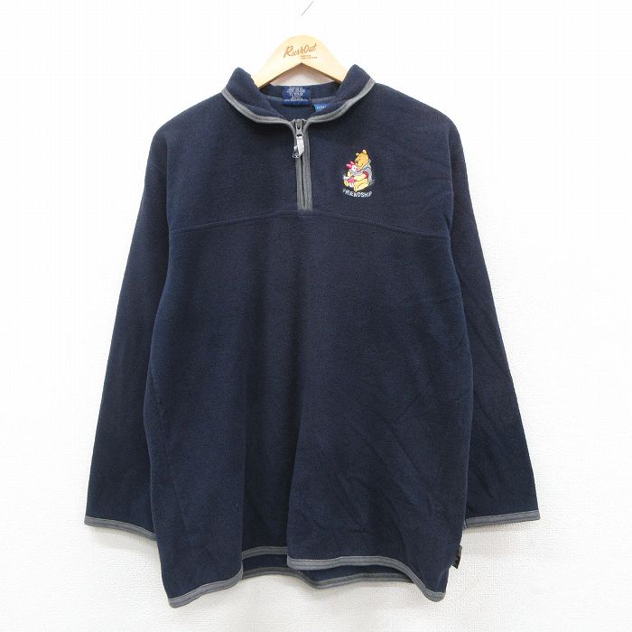 M★古着 長袖 ハーフジップ フリース ジャケット メンズ 00年代 00s ディズニー くまのプーさん 紺 25dec13