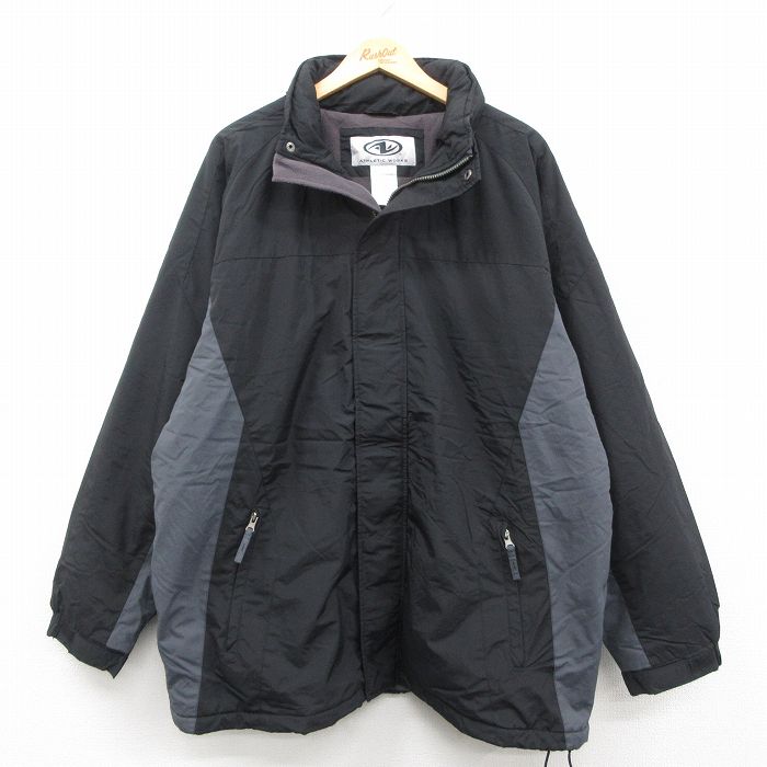 XL★古着 長袖 ナイロン ジャケット メンズ 大きいサイズ ロング丈 黒 内側フリース 25dec13
