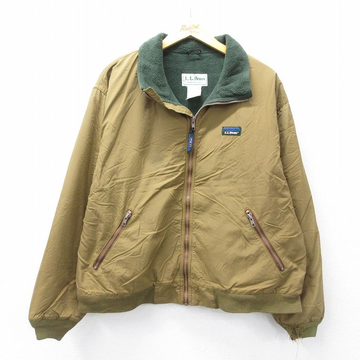 XL★古着 エルエルビーン 長袖 ナイロン ウォームアップ ジャケット メンズ 80年代 80s ワンポイントロゴ ベージュ 内側フリース 25dec16