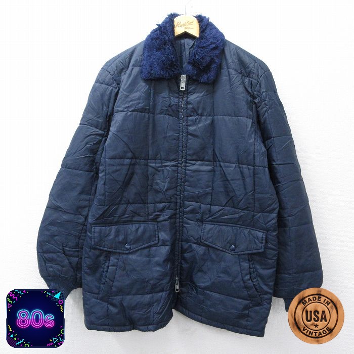 【50%OFF】80s キルティングジャケット 襟ボア ネイビー M | 古着