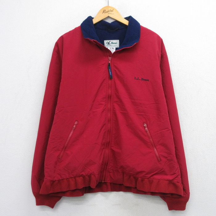 XL★古着 エルエルビーン 長袖 ナイロン ジャケット メンズ 90年代 90s ワンポイントロゴ エンジ系 内側フリース 25dec16