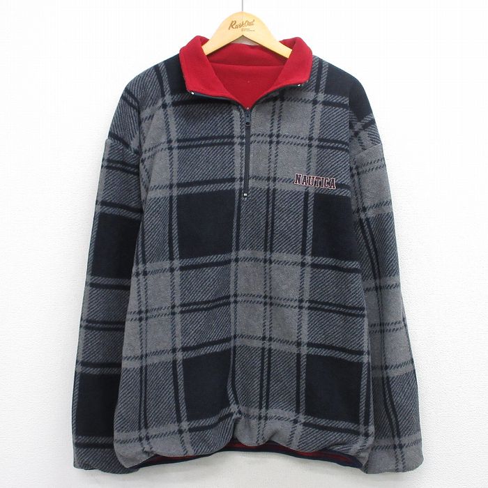 L★古着 ノーティカ 長袖 ブランド ハーフジップ フリース ジャケット メンズ ワンポイントロゴ リバーシブル グレー他 チェック 25dec20
