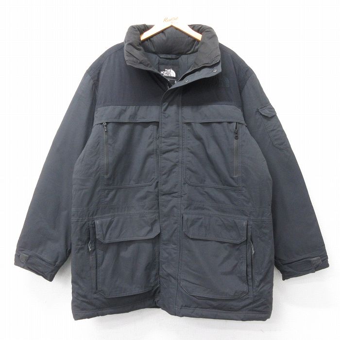 XL★古着 ノースフェイス 長袖 ナイロン ダウン ジャケット メンズ ワンポイントロゴ ロング丈 濃グレー他【spe】 25dec18