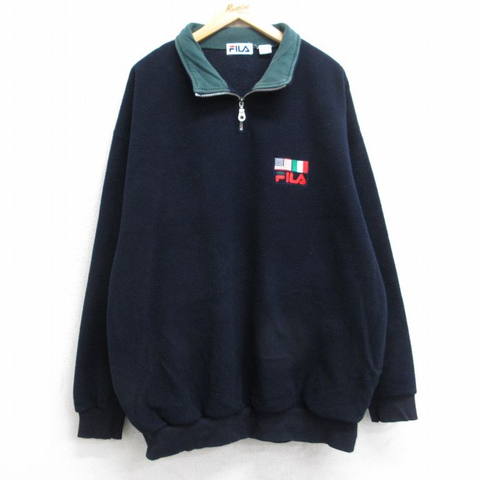 フィラ 90s ハーフジップフリースジャケット ワンポイントロゴ ネイビー XL | 古着
