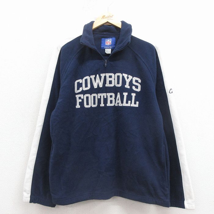 M★古着 リーボック 長袖 ハーフジップ フリース ジャケット メンズ 00年代 00s ダラスカウボーイズ 刺繍 ツートンカラー ラグラン 紺 アメフト スーパーボウル 25dec19