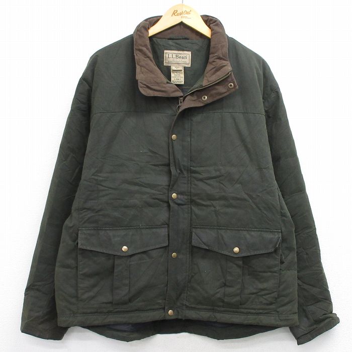 XL★古着 エルエルビーン 長袖 オイル ダウン ジャケット メンズ 00年代 00s ワンポイントロゴ コットン 濃緑 内側キルティング【spe】 25dec22