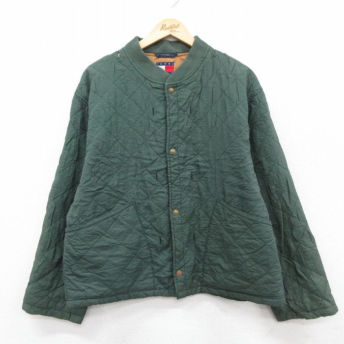 L★古着 トミーヒルフィガー 長袖 ブランド ナイロン キルティング ジャケット メンズ 90年代 90s 緑 内側フリース【spe】 26jan10