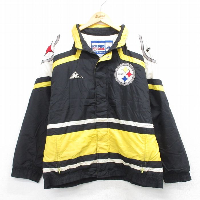 XL★古着 長袖 ナイロン ジャケット メンズ 90年代 90s NFL ピッツバーグスティーラーズ 刺繍 大きいサイズ 黒他 アメフト スーパーボウル 26jan19