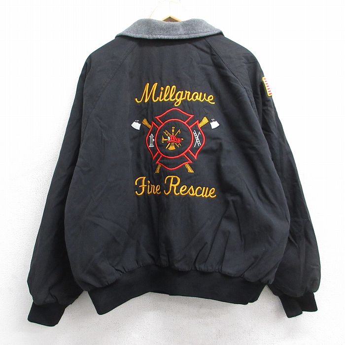 XL★古着 長袖 ジャケット メンズ 90年代 90s ミルグローブ 消防署 ラグラン 大きいサイズ USA製 黒 内側フリース【spe】 26jan16