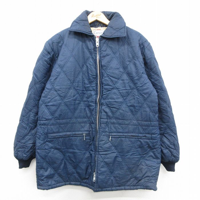 XL★古着 長袖 ナイロン キルティング ジャケット メンズ 80年代 80s ロング丈 タロン 濃紺 内側ボア 26jan19