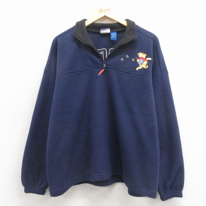 L★古着 長袖 ハーフジップ フリース ジャケット メンズ 00年代 00s ディズニー くまのプーさん 刺繍 紺 26jan24