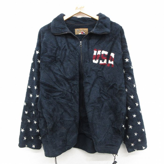 M★古着 長袖 フリース ジャケット メンズ 90年代 90s 星条旗 USAロゴ USA製 紺 26jan26