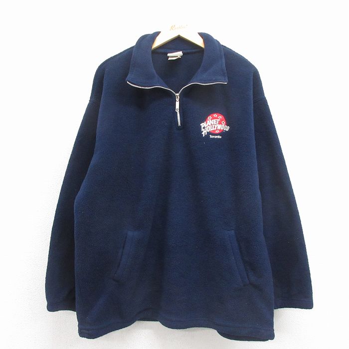 XL★古着 長袖 ハーフジップ フリース ジャケット メンズ 90年代 90s プラネットハリウッド ロング丈 USA製 紺 26jan29