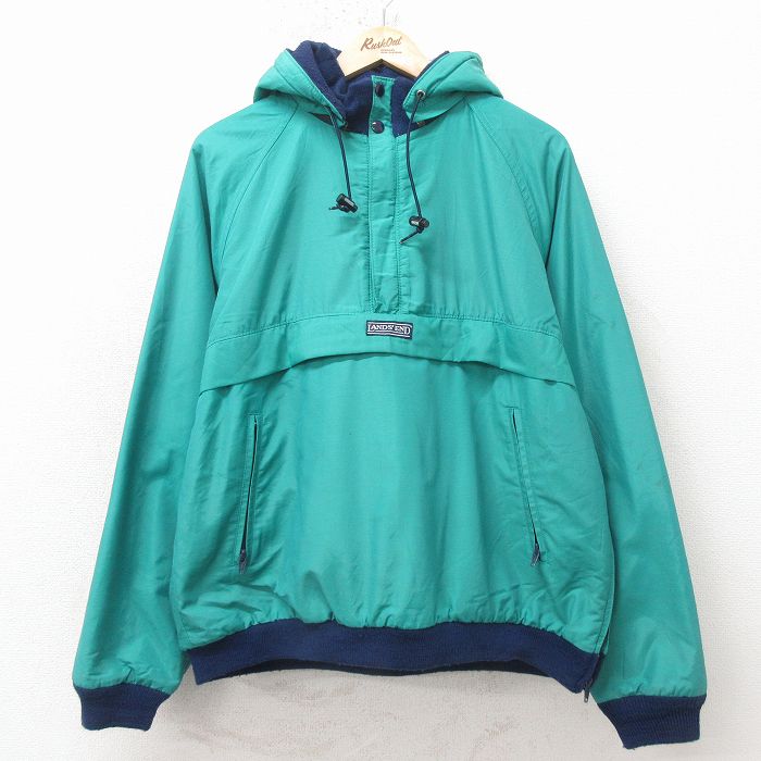 XL★古着 ランズエンド 長袖 ハーフジップ アノラック ジャケット パーカー メンズ 90年代 90s ラグラン USA製 緑他 内側フリース 26apr23