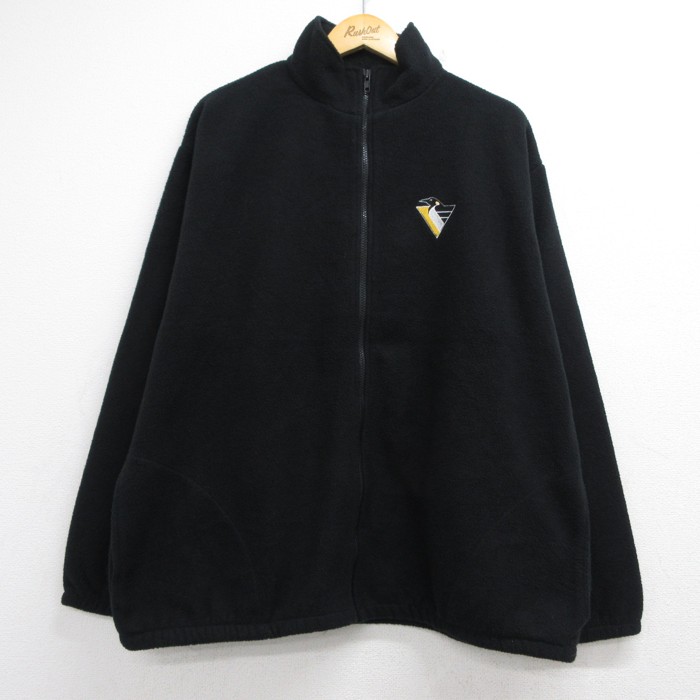 XL★古着 JOY Athletic 長袖 ジャケット フルジップ メンズ 90年代 90s NHL ピッツバーグペンギンズ 刺繍ロゴ USA製 ブラック 26sep02