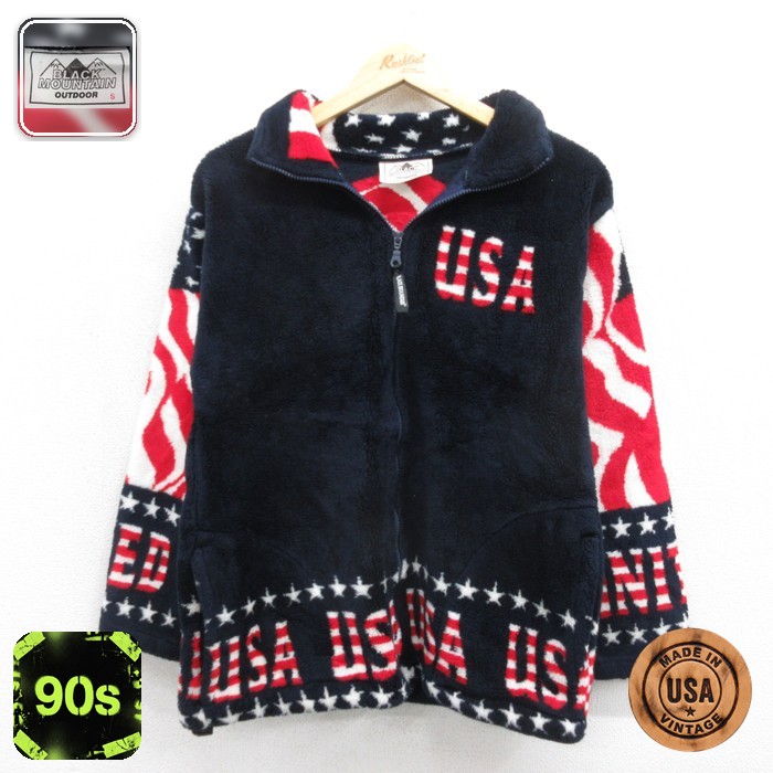 BLACK MOUNTAIN 長袖 ジャケット 90s USA フラッグ アクリル 総柄 USA製 ネイビー メンズXS相当 | 古着