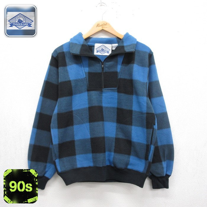 TRADER BAY 90s ハーフジップジャケット バッファローチェック ブルー メンズXS相当 | 古着